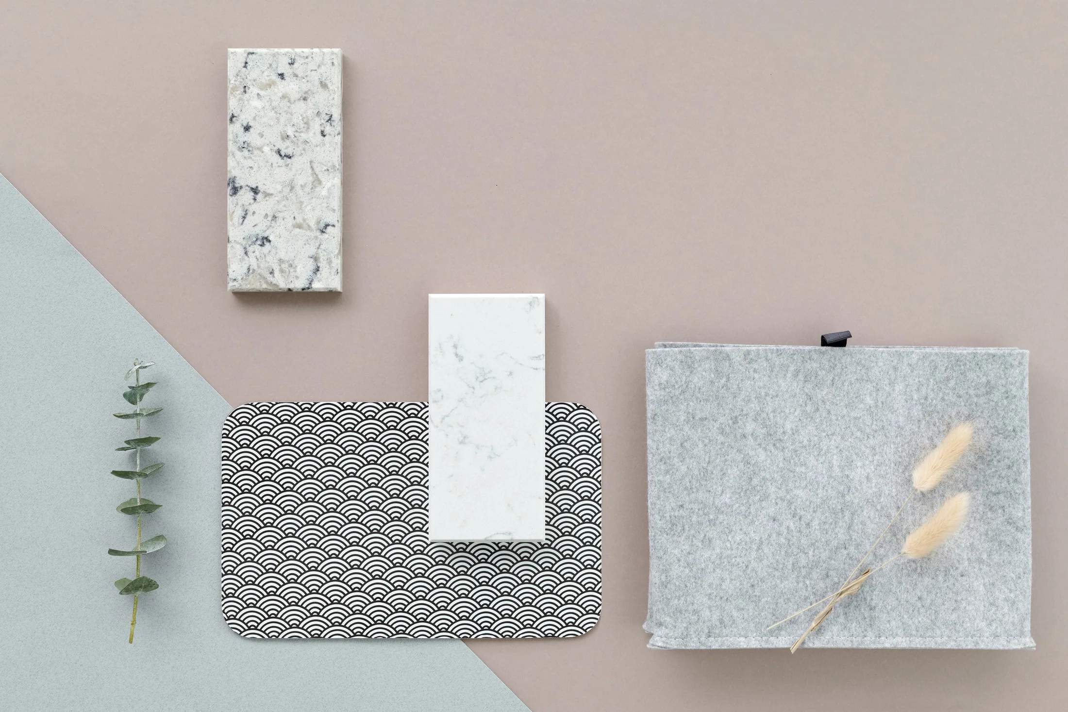 Interior material samples including timber, stone, metal and fabrics